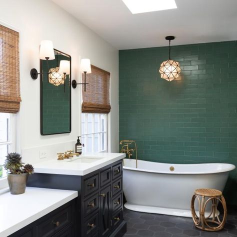 Dark Green Tile, Green Accent Wall, Dark Green Bathrooms, Tile Accent Wall, Green Tile Bathroom, Green Accent Walls, Eclectic Bathroom, Hgtv Dream Home, Black And White Tiles