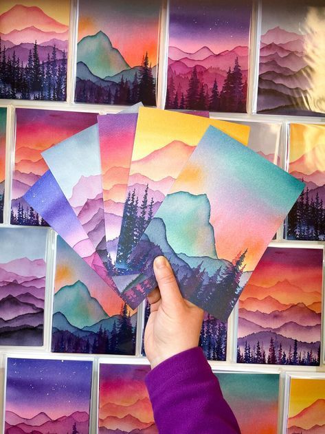 Colorful Mountain Peaks Set of 5 Artist Greeting Cards | 5in x 7i... Postcard Watercolor Ideas, High School Watercolor Projects, Watercolor Art Projects, Beginner Watercolor, Watercolor Supplies, Diy Watercolor Painting, Watercolor Mountains, Watercolor Painting Techniques, Diy Watercolor