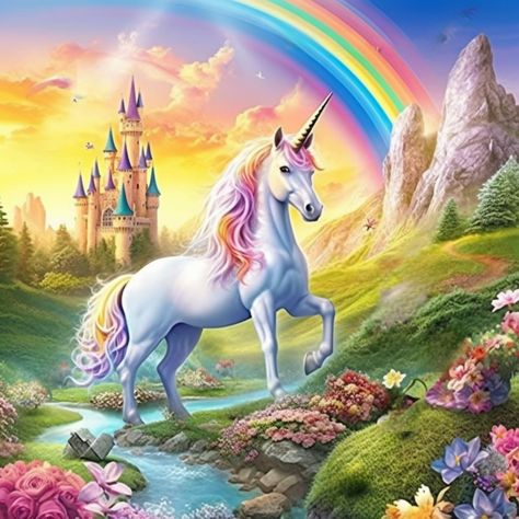 5D Diamond Painting Colorful Castle Unicorn Kit Offered by Bonanza Marketplace. www.BonanzaMarketplace.com #diamondpainting #5ddiamondpainting #paintwithdiamonds #disneydiamondpainting #dazzlingdiamondpainting #paintingwithdiamonds #unicorndiamondpainting #unicorndiamondart My Little Pony Painting, Unicorn Landscape, Colorful Castle, Unicorn Castle, Unicorn With Rainbow, Wall Art Painting Bedroom, Unicorn Wallpaper Cute, Cute Rainbow Unicorn, Rainbows And Unicorns