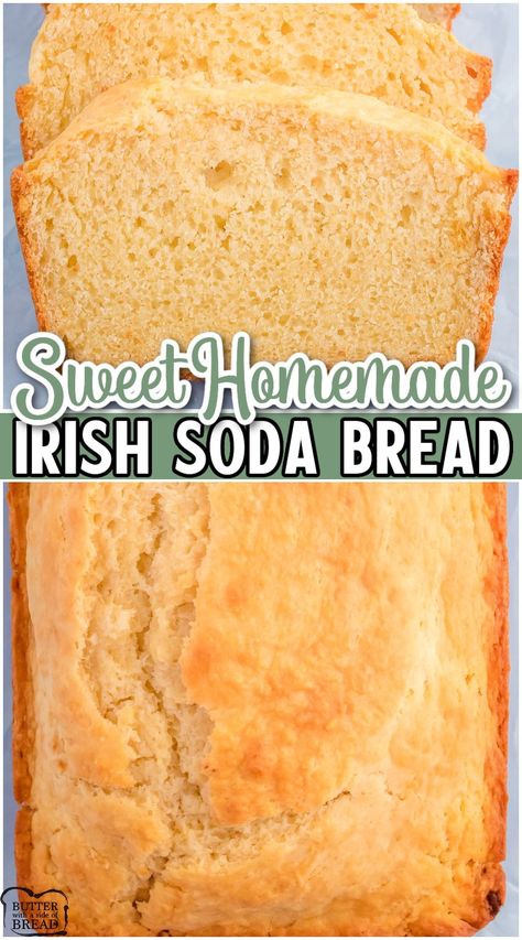 Sweet Irish Soda Bread is a fun twist on classic St. Patrick's day recipe! This easy Irish soda bread is more sweet and moist than traditional fare and is lovely served warm with butter. Traditional Soda Bread Recipe, St Patrick’s Day Soda Bread, Sweet Irish Soda Bread Easy, Simple Irish Soda Bread, Irish Soda Bread Biscuits, Irish Sandwich Recipes, Irish Cookies Traditional, Moist Irish Soda Bread Recipe, Soda Bread Recipe Easy