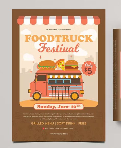 Food Truck Festival Flyer Template PSD Food Truck Poster Design, Food Truck Graphic Design, Food Truck Flyer, Ramadan Board, Food Festival Poster, Fair Poster, Truck Festival, Food Fair, Grilling Menu