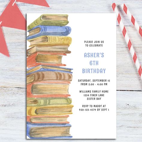 Books Birthday Party Invitation | Zazzle Book Exchange Party, Book Themed Birthday Party, Book Birthday Parties, Book Themed Party, Book Theme, Book Party, Book Stack, Boys Birthday, Invitation Card Design