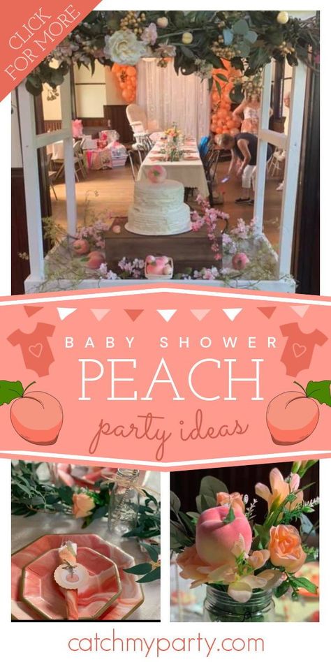 Fall in love with this sweet peach baby shower! The cake is so pretty! See more party ideas and share yours at CatchMyParty.com Peach Themed Baby Shower Food Ideas, Peach Baby Shower Centerpieces, Sweet Little Peach Baby Shower Decor, Peach Bridal Shower Ideas, Sweet Peach Baby Shower Theme, Sweet As A Peach Baby Shower Ideas, Peach Themed Baby Shower Ideas, Peach Baby Shower Theme, Peach Baby Shower Ideas