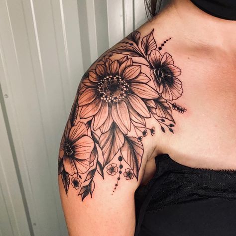 Floral tattoo Mandala Arm Tattoo, Shoulder Cap Tattoo, Flower Shoulder Tattoo, Sunflower Tattoo Sleeve, Sunflower Tattoo Shoulder, Shape Tattoo, Beautiful Flower Tattoos, Flower Tattoo Shoulder, Upper Arm Tattoos