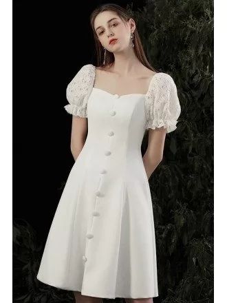 White Casual Lace Dress, Normal Dress Simple Casual, White Simple Dress Casual, Pretty Dresses Casual Simple, Square Neck Dress With Sleeves, White Formal Dress Short, Normal Frock, White Dress Graduation, White Short Party Dress