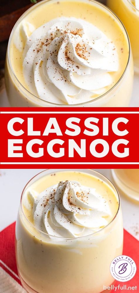 Rich and creamy, this Homemade Eggnog recipe is spiked with rum to make the most delicious eggnog cocktail. Served topped with whipped cream. Egg Nogg Recipe, Cooked Egg Nog, Best Eggnog Recipe, Homemade Eggnog Recipe, Alcoholic Eggnog, Eggnog Cocktail, Classic Eggnog, Eggnog Recipe Homemade, Party Bites