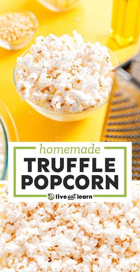 Enjoy the rich flavors of Truffle Popcorn during your next movie night! Made with nutritional yeast or parmesan, salt, and truffle oil! This healthy, gluten-free snack is low calorie but packed with flavor! Truffle Oil Recipes, Truffle Popcorn, Homemade Truffles, Vegan Snack Recipes, Popcorn Recipe, Meatless Main Dishes, Healthy Recipes On A Budget, Truffle Oil, Popcorn Recipes