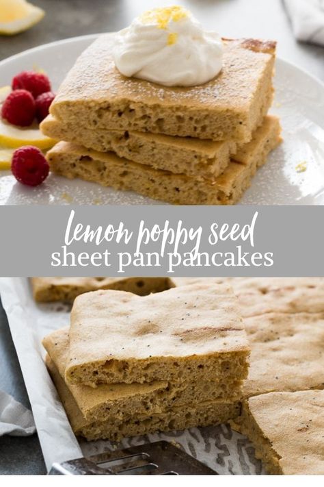 Lemon Poppy Seed Sheet Pan Pancakes are super fluffy, healthy sheet pan pancakes made with whole wheat flour and Greek yogurt! via @FlavortheMoment #sheetpan #pancakes #brunch #easter Sheet Pancakes, Lemon Recipes Easy, Easy Yummy Breakfast, Healthy Sheet Pan, Sheet Pan Pancakes, Grapefruit Recipes, Pan Pancakes, Easy Breakfast Smoothies, Lemon Poppy Seed