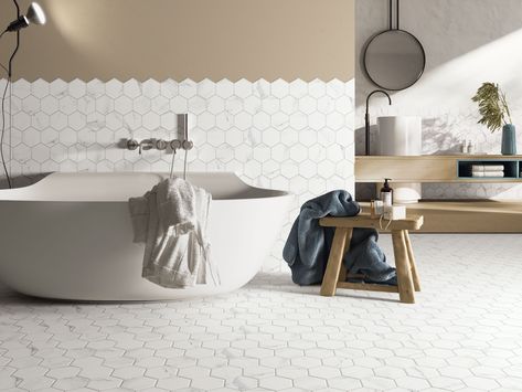 Hex Calacatta · 26,5x51cm · Porcelain Tile by #Realonda  #madeinspain #tileofspain #porcelain #ceramics #novelties #tiles #marble #decoracion #interiordesign #homedecor #bathroomdesign #tiledesign #tileaddiction #ilovetiles #ihavethisthingwithtiles Honeycomb Tiles Bathroom, Calacatta Tile, White Hexagon Tiles, Tiled Floor, Hex Tile, Interlocking Tile, Floor Edging, Calacatta Marble, Hexagon Tiles