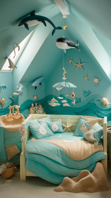 Ocean Nursery Ideas! 25+ Ocean Theme Inspired Nursery..... Coral Reef Nursery, Dolphin Room Decor, Under The Sea Girls Bedroom, Aquarium Nursery Theme, Underwater Bedroom Ideas, Teal Kids Bedroom Ideas, Ocean Themed Nursery Girl, Ocean Toddler Room, Under The Sea Bedroom Ideas