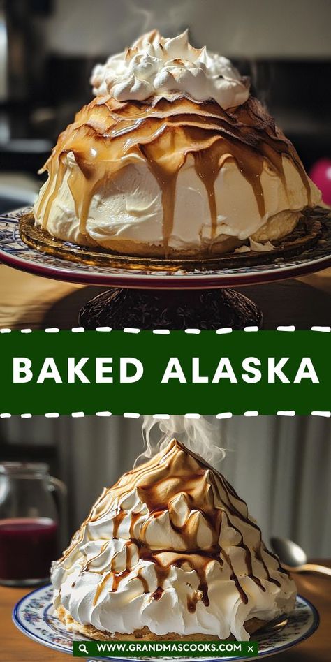 Treat your guests to the magic of Baked Alaska! With a toasted meringue exterior, soft cake, and creamy ice cream layers, this dessert offers a unique and impressive way to end any celebration. Alaska Cake, Baked Alaska Recipe, Toasted Meringue, Creamy Ice Cream, Soft Cake, Cake Ice Cream, Ice Cream Dessert, Baked Alaska, Ice Cream Desserts