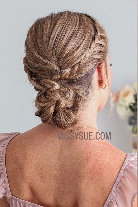 Lace braid. Hairstyle. Updo. Low bun. How to. Tutorial. Homecoming. Formal. Dance. Two Braid Updo, Double Braid Updo, Braided Updo With Bangs, Simple Braided Updo, Plait Updo, Braided Updo Hairstyles, Braid Bun Updo, Brunette Updo, Prom Hair Up