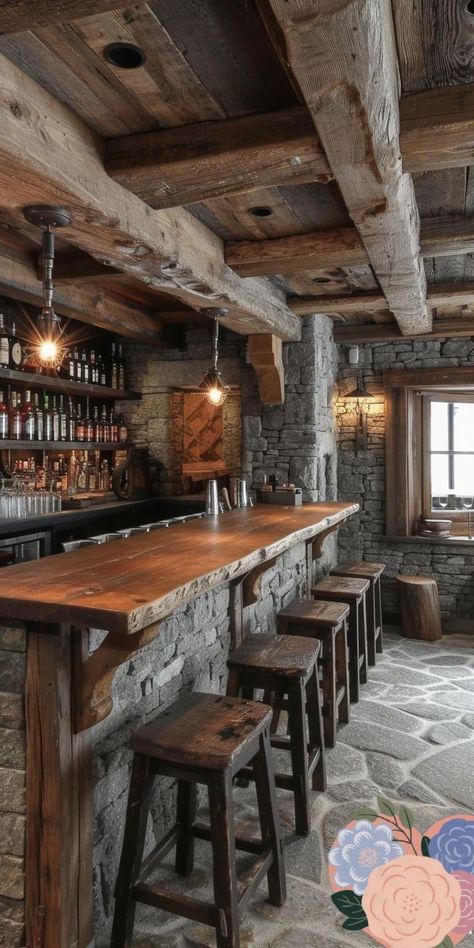 Taverna Medieval, Rustic Restaurant Interior, Rustic Basement Bar, Bar Lounge Design, Cabin Bar, Western Bar, Basement Bar Ideas, Rustic Basement, Home Bar Rooms