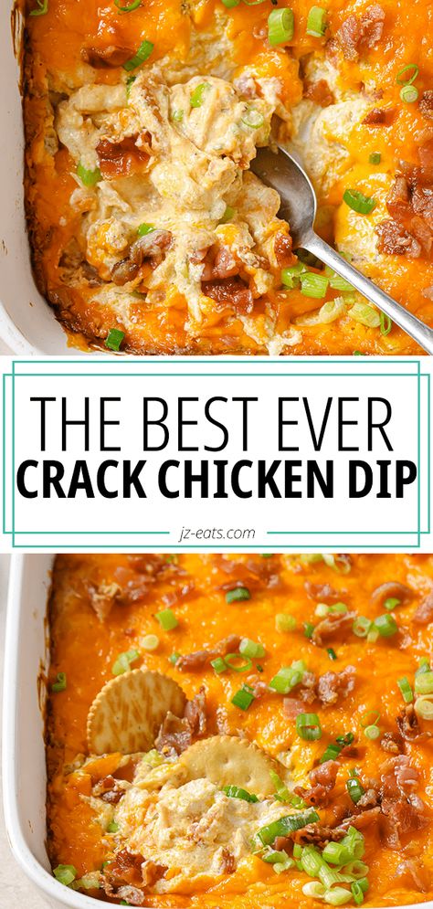 Warm Crack Chicken Dip Recipe (with bacon and ranch) New Year Dips, Shredded Chicken Dips Recipes, Spicy Chicken Ranch Dip, Cracked Chicken Dip Recipe, Dips Using Canned Chicken, Shredded Chicken Dip Recipes Easy, Crockpot Chicken Appetizers For Party, Creative Dip Recipes, Chicken Cheese Dip Recipes