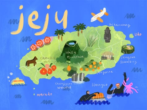 Storybook Art Illustrations, Jeju Island South Korea, Seoul Korea Travel, Top Places To Travel, Map Illustration, South Korea Travel, Dream Vacations Destinations, Island Map, Jeju Island