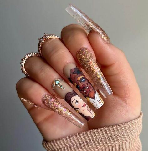 Disney Nails Design, Beauty And The Beast Nails, Little Mermaid Nails, Disney Themed Nails, Belle Nails, Disney Nail Designs, Disney Inspired Nails, Minnie Mouse Nails, Mickey Nails