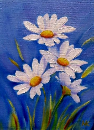 Spring Delight5x7 oil, painting by artist Meltem Kilic Acrylic Flower Painting, Easy Flower Painting, Paint Party Ideas, Artistic Painting, Daisy Painting, Paint Nite, Painting Party, White Daisies, Things To Paint