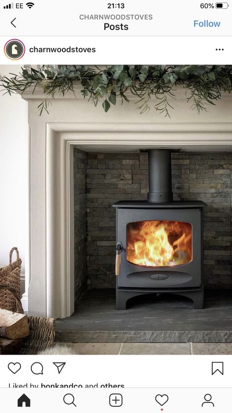 White Fireplace Surround, Woodburning Stove Fireplace, Wood Burner Fireplace, Wood Burning Stoves Living Room, Log Burner Fireplace, Log Burner Living Room, New House Living Room, Log Burning Stoves, Wood Stove Fireplace