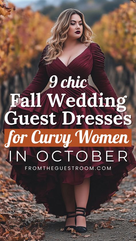 a curvy woman wears fall wedding guest dress for october Wine Red Wedding Guest Dress, Rustic Wedding Outfit Guest, Fall Guest Wedding Dress, Black Tie Wedding Guest Dress Fall, Burgundy Wedding Guest Dress, Wedding Guest Dress Curvy, October Wedding Guest Dress, Wedding Guest Semi Formal, Country Wedding Guest Dress