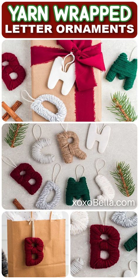 Yarn-wrapped initials No Sew Yarn Crafts, Yarn Garland Diy, Yarn Christmas Crafts, Rope Ornaments, Letter Christmas Ornaments, Christmas Yarn Crafts, Yarn Wrapped Letters, Yarn Letters, Yarns Ornaments