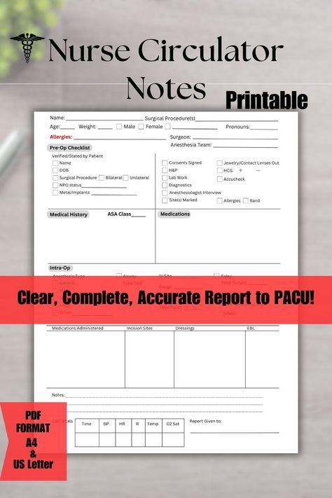 Operating Room Nurse Notes, printable digital download.  Record accurate and precise patient data from pre-op to PACU. The perfect nurse handoff and report to PACU. Space to record important patient information, complete pre-op checklist #nursenotes #operatingroomnotes #nursecirculator #nursecirculatorchecklist #ornursebrain #nursecheatsheet #nursehandoff #printable #pacu #nursereport #nursebrain #surgerynurse #surgicalnotes #operatingroom #registerednurse #pacunurse #recoveryroom #ornurse Pacu Nursing, Recovery Room, Operating Room Nurse, Operating Room, Medical History, Nursing Notes, Medical