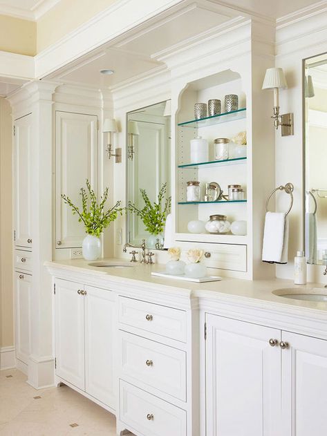 Pretty white bathroom with loads of built-in storage and Federal molding. Traditional Bathroom Designs, Timeless Bathroom, Bad Inspiration, Master Bath Remodel, Subway Tiles, Bathroom Redo, Bath Storage, Built In Cabinets, Intelligent Design