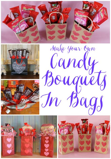 Make A Candy Bouquet In A Bag                                                                                                                                                                                 More Valentines Candy Bouquet For Kids, Diy Valentine Bouquet Ideas, Valentine Candy Bouquet Diy, Valentines Basket Ideas, Make A Candy Bouquet, Candy Boquets, Candy Bar Bouquet, Valentines Candy, Candy Arrangements