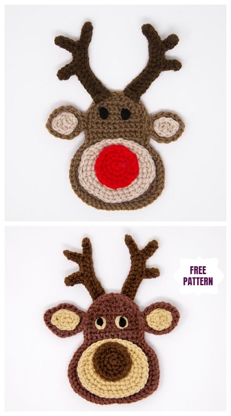 Christmas Crochet Reindeer Applique Free Crochet Pattern Crochet Reindeer Applique Free Pattern, Rudolph Crochet Pattern, Crocheted Christmas Appliques, Crochet Reindeer Ornament, Crochet Reindeer Pattern Free, Christmas Applique Patterns, Appliques Au Crochet, Reindeer Applique, Crochet Reindeer