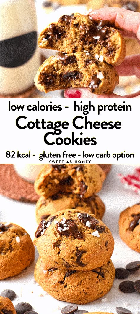 These cottage cheese cookies are delicious melt-in-your-mouth chocolate chip cookies packed with 5 g of proteins and nutrients. Plus, these cookies with cottage cheese are also naturally gluten-free, low-sugar and oil-free. Chocolate Chip Cookies With Cottage Cheese, Healthy Cottage Cheese Snack Ideas, Cottage Cheese Cookie Dough Keto, Cottage Cheese Cookies Healthy, Cottage Cheese Desserts Low Calorie, High Protein Cottage Cheese Chocolate Chip Cookies, Foods With Cottage Cheese, Low Carb High Protein Cookies, Cottage Cheese Protein Cookies