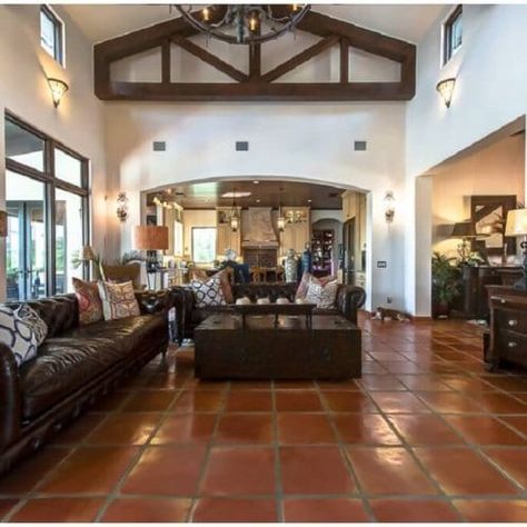 Mexican Saltillo Floor Tile Saltillo Tile Living Room, Hacienda Interior Design, Living Room Floors, Mexican Tile Floor, Saltillo Tile Floor, Saltillo Tile, Spanish Decor, Living Room Tiles, Mediterranean Home Decor