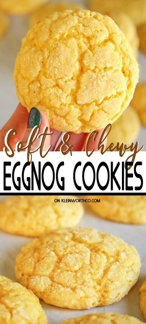 Love the classic holiday flavor of eggnog? Then you'll love these quick & easy Eggnog Cookies. These soft & chewy cookies are a MUST-MAKE for the holidays! #holidayrecipes #christmascookies #eggnogrecipes #holidaytreatrecipes #holidaycookierecipes #bestholidayrecipes #holiday #holidaytreat #easyrecipe #christmasrecipe #easyeggnogcookies #eggnogcookies #christmas #dessert Egg Nog Cookies Recipe, Doctored Cake Mix Recipes, Cake Mix Recipe, Easy Eggnog, Quick Cookies Recipes, Eggnog Cookies, Recipe For Christmas, Cookies Soft, Toffee Cookies