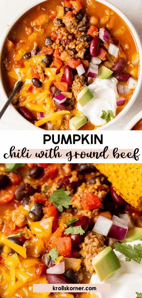 Chili With Ground Beef, Chili Seasoning Recipe, Pumpkin Stew, Pumpkin Chili Recipe, Pumpkin Chili, Slow Cooker Chili, Beef Chili, Savory Soups, Hearty Stews