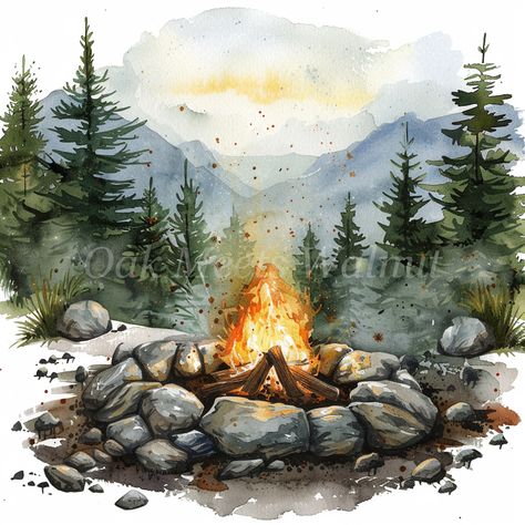 Campfire Clipart, Camping Scene, Scrapbook Images, Colored Background, Water Painting, Digital Clip Art, Etsy Crafts, Watercolor Clipart, Campfire