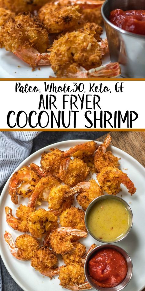 These paleo and Whole30 air fryer coconut shrimp are a healthy, gluten-free and keto alternative compared to deep frying a similar coconut shrimp recipe. With just a few simple ingredients and in less than 15 minutes you’ll have yourself a family friendly and healthy recipe everyone will love, but no one says you have to share! #whole30airfryer #whole30coconutshrimp #paleoairfryer #ketoairfryer #ketococonutshrimp #paleoairfryerrecipes Whole30 Air Fryer, Paleo Coconut Shrimp, Air Fryer Coconut Shrimp, Coconut Shrimp Recipe, Coconut Shrimp Recipes, Air Fry Recipes, Resep Diet, Air Fryer Dinner Recipes, Deep Frying