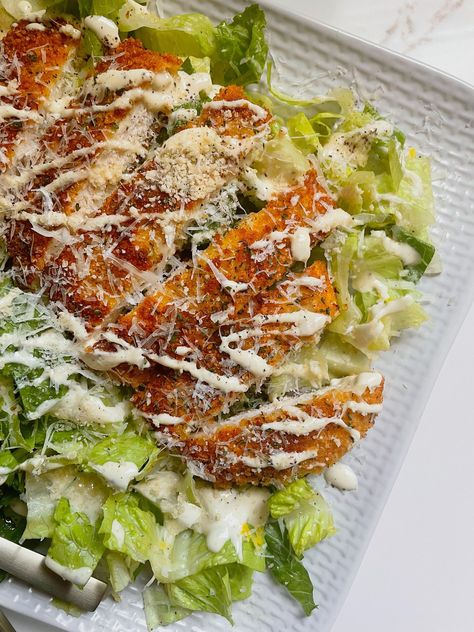 Caesar Salad with Crispy Chicken - Espresso and Lime Cheddar's Chicken Caesar Pasta Salad, Crispy Chicken For Salads, Crispy Chicken Caesar Salad Cutlets, Caesar Salad Chicken Cutlet, Crispy Ceaser Chicken Salad, Deconstructed Caesar Salad, Chopped Chicken Caesar Salad Sandwich, Easy Ceaser Salads, Chicken Ceaser Cutlets