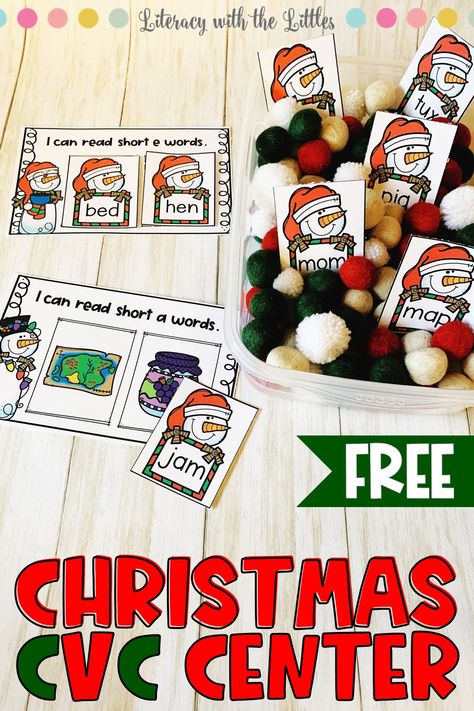 Homeschool First Grade, Christmas Literacy Centers, Turkey Math, Snowmen Cards, December Month, Christmas Literacy, Cvc Activities, Christmas Units, December Activities