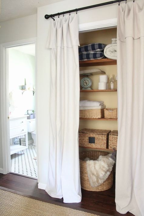 9 Ways to Hang Curtains You Haven’t Thought of Before - Curtains Up Blog | Kwik-Hang Hall Closet Without Doors, Laundry Closet Doors Alternative, Laundry Room Curtain Ideas, Curtains Over Closet, Door Replacement Ideas, Closets Without Doors Ideas, Curtain Closet, Closet Door Alternative, Casa Rock