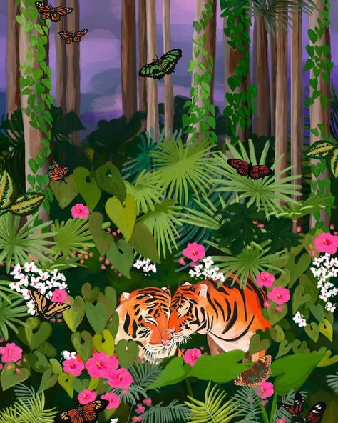 🌿🐅🐅🌿 Tiger lovers in the jungle 🩷 ✨ Another old illustration I’ve been working on recently. I’ve been struggling for inspiration so… | Instagram Old Illustration, Jungle Life, Little Doodles, My Idea, In The Jungle, Illustrators On Instagram, Back To Life, Get Creative, Looking Back