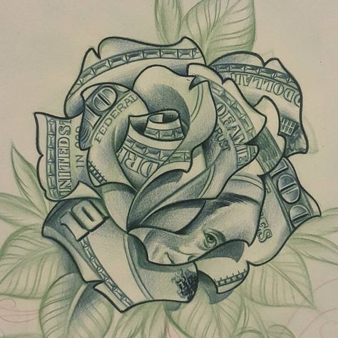 See this Instagram photo by @inkd_monkey • 38 likes Rose Tattoo For Women, Money Rose Tattoo, Dollar Tattoo, Rose Tattoo Stencil, Money Rose, Money Tattoo, 100 Dollar Bill, Tattoo Outline Drawing, Chicano Tattoos