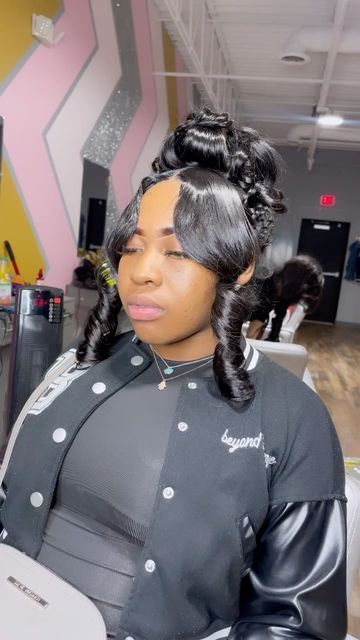 Pin Up With Bangs Black Women, Chicago Hair Stylist, Pin Up Bun With Bang, Pin Up Quickweave, Pin Curl Bun With Bang, Pin Up Black Women Hairstyles, Bun With Long Bangs, Pin Up Styles For Black Women, Chicago Hairstyles