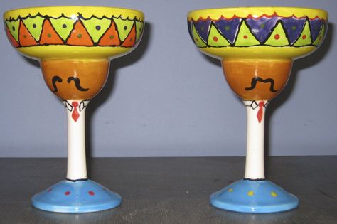 Sombrero margarita glasses painted by customer at Art  Soul Margarita Glass Pottery Painting, Ceramic Margarita Glasses, Painted Margarita Glasses Ideas, Margarita Glasses Diy, Margarita Glasses Painted, Margarita Glass Painting, Clay Cafe, Wine Glass Decor, Painting Pottery