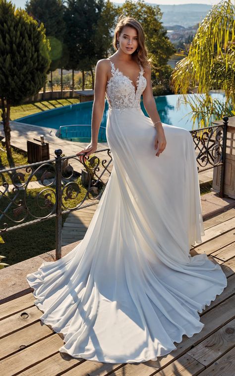 Ingrid | EK1613 – Eddy K Wedding Dress Designer Eddy K Wedding Dress, Eddy K, Dress Designer, A Line Gown, Chantilly Lace, Chiffon Skirt, Lace Bodice, Chiffon Lace, Beaded Lace