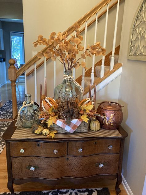 European Farmhouse Fall Decor, Fall Decor Buffet Table, Fall Decor For Buffet Table, Fall Sideboard Decor, Fall Buffet Table Decor, Fall Decor Ideas For The Home Farmhouse, Fall Decor Entryway Table, Fall Buffet Decor, Fall Entryway Table Decor