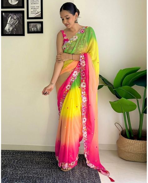 Unmissable deal! FashionCave Women Fuchsia Floral Embellished Georgette Saree (Copy), now at an incredible price of ₹1599.00! Grab it now! Multicolored Saree, Georgette Saree, Party Wear Sarees, Georgette Sarees, Saree Styles, Embroidery Work, Fabric Details, Blouse Fabric, Bollywood Fashion