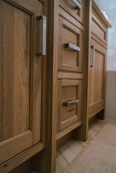 Hickory Bathroom Vanity - Crystal Cabinets   Driftwood w VanDyke Brown highlights    Color?  Back line Stained Shaker Cabinets Kitchen, Brown Cabinet Bathroom, Stained Hickory Kitchen Cabinets, Hickory Bathroom Vanity, Hickory Bathroom, Stained Hickory Cabinets, Craftsman Style Bathroom, Shaker Cabinets Kitchen, Crystal Cabinets