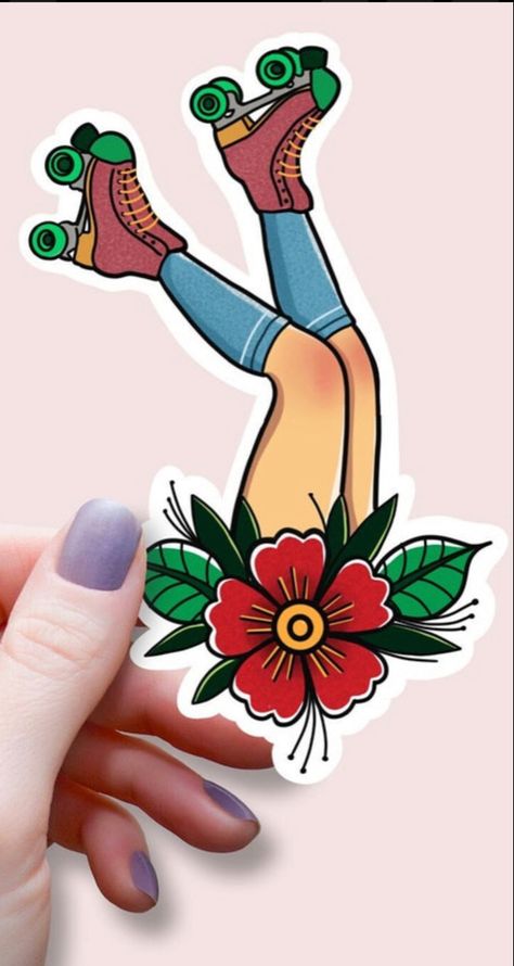 Roller Skate Tattoo Old School, Traditional Roller Skate Tattoo, Modern Old School Tattoo, Roller Skates Tattoo, Roller Skate Tattoo, Roller Derby Tattoo, Girly American Traditional Tattoo Ideas, All Star Tattoo, Skate Tattoo