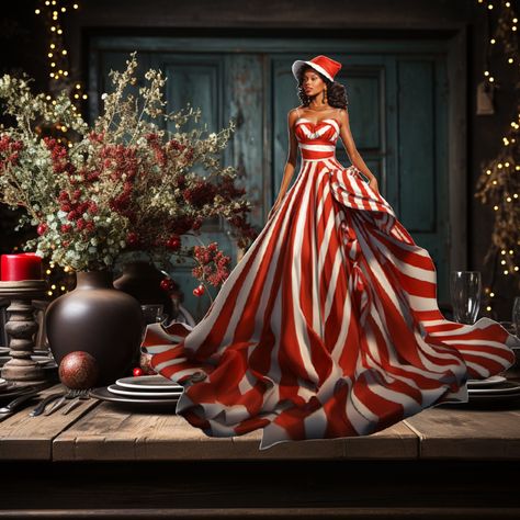 This centerpiece captures the essence of the holiday season with stunning precision. She's elegantly adorned in a red and white holiday dress.  The woman's form is expertly crafted from premium cardstock and Styrofoam, lending her a sense of texture and depth that is truly enchanting. Her dress is a striking focal point, boasting a classic holiday color palette that immediately draws the eye. The red and white stripes wrap around her figure, creating a vibrant and visually appealing contrast. To Elegant Christmas Table Settings, Classy Christmas Decorations, Red Tablescape, Christmas Tablescapes Elegant, Christmas Dining Table Decorations, Christmas Party Centerpieces, Red And White Christmas Decor, Elegant Christmas Centerpieces, Holiday Centerpieces Christmas