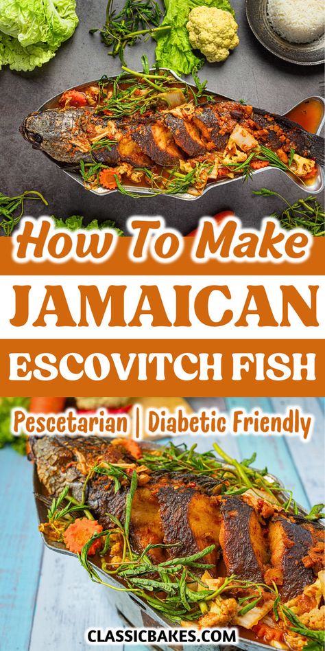 Experience the vibrant flavors of Jamaica with this authentic Escovitch Fish recipe. Crispy fried fish is topped with a tangy, spicy medley of pickled vegetables, making every bite burst with flavor. Perfect for a special meal, this dish offers a taste of Caribbean tradition in every serving. Escovitch Fish Jamaica Recipe, Jamaican Fish Recipes, Jamaican Escovitch Fish Recipe, Jamaican Escovitch Fish, Jamaican Fish, Escovitch Fish, Crispy Fried Fish, Jamaica Food, Spiced Vegetables