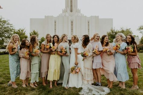 Lds Wedding Bridesmaids, Pastel Wedding Bridesmaids, Unique Bridesmaids Dresses, Nontraditional Bridesmaid Dresses, Wedding Vision Board Ideas Diy, Pastel Color Bridesmaid Dresses, Pastels Bridesmaids, All Different Bridesmaid Dresses, Colourful Bridesmaid Dresses