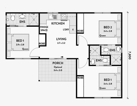 L Shaped House Plans 2 Bedroom, Flat Plan 3 Bedroom, 3 Bedroom Granny Flat Plans, Summer House Layout, Flat Floor Plan, Granny Flats Australia, Granny Flat Plans, L Shaped House Plans, 2 Bedroom Floor Plans